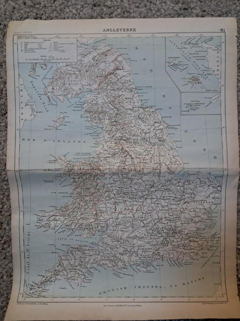 Oude Franse landkaart van Engeland - 45x45cm, Boeken, Atlassen en Landkaarten, Gelezen, Verenigd Koninkrijk, Ophalen of Verzenden