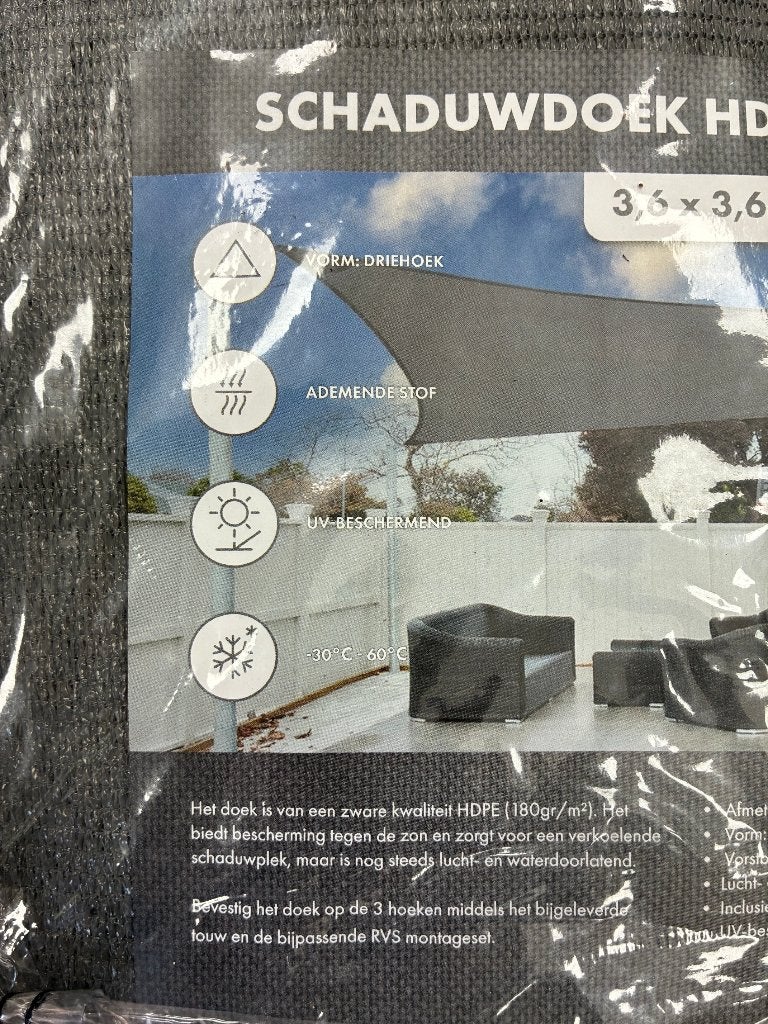 HDPE schaduwdoek driehoek grijs 3,6x3,6x3,6 met montageset !, Verzenden, Nieuw