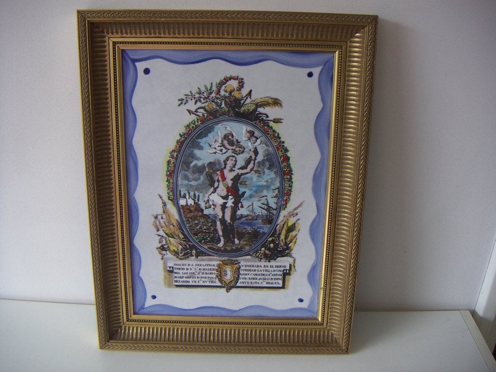 Porselein keramiek tegelplaat naar een oude gravure., Decoratieobject, Steen/keramiek, Ophalen of Verzenden, Zo goed als nieuw