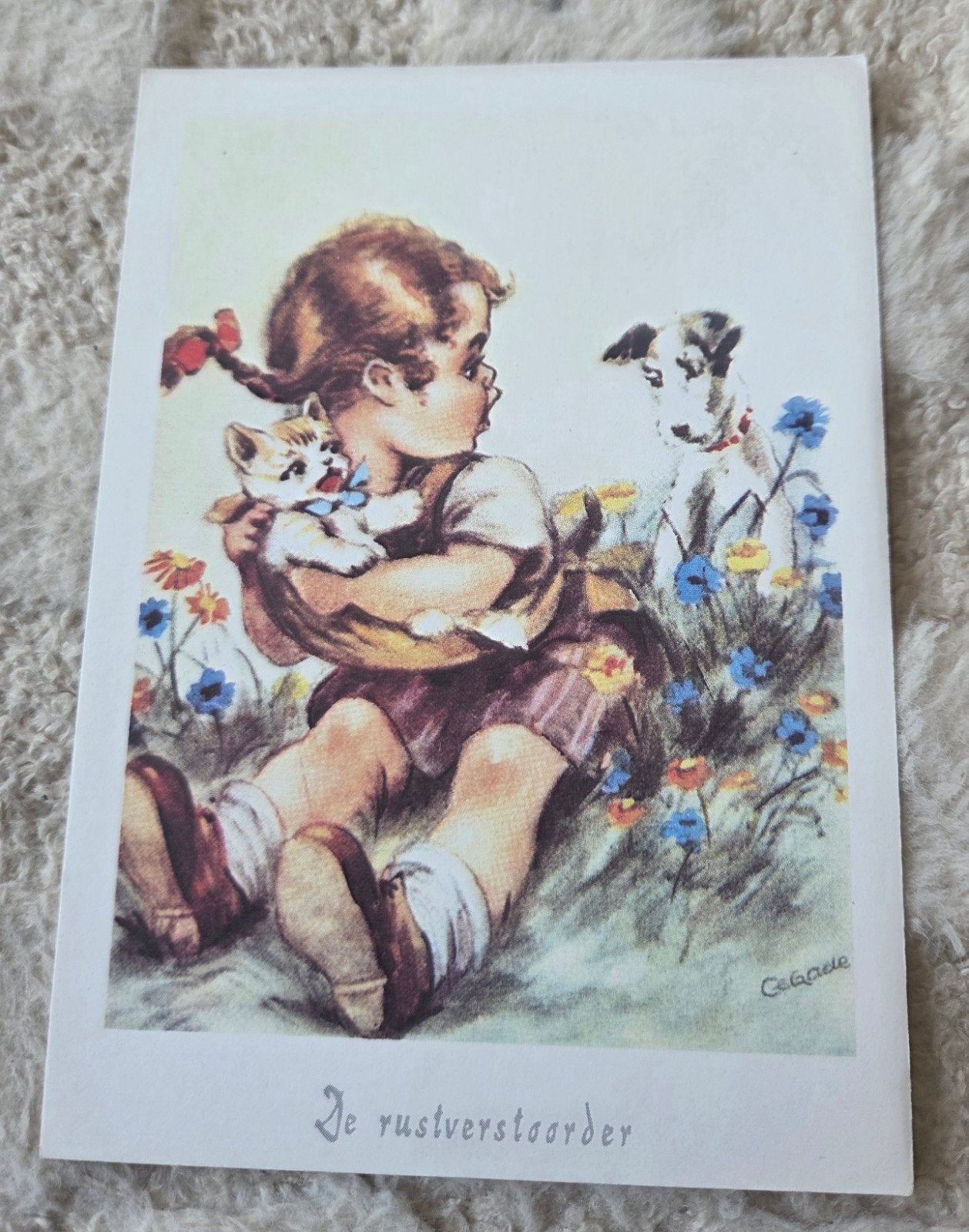 Meisje met Katje en Hondje - 'De Rustverstoorder', Verzamelen, Verzenden, 1940 tot 1960, Ongelopen, Kinderen