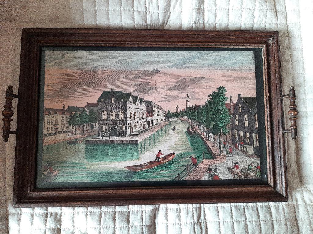 Eiken dienblad met gravure, Ophalen of Verzenden, Gebruikt, Rechthoekig, Hout