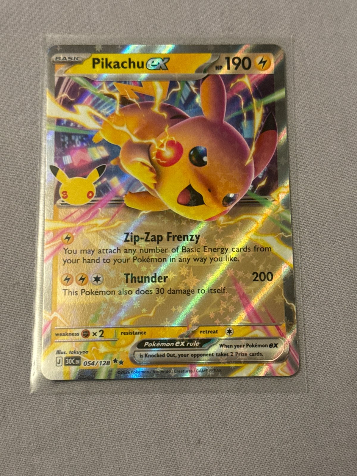 Pikachu EX Pokémon Kaart - Celebrations 054/128, Ophalen, Zo goed als nieuw, Losse kaart, Foil