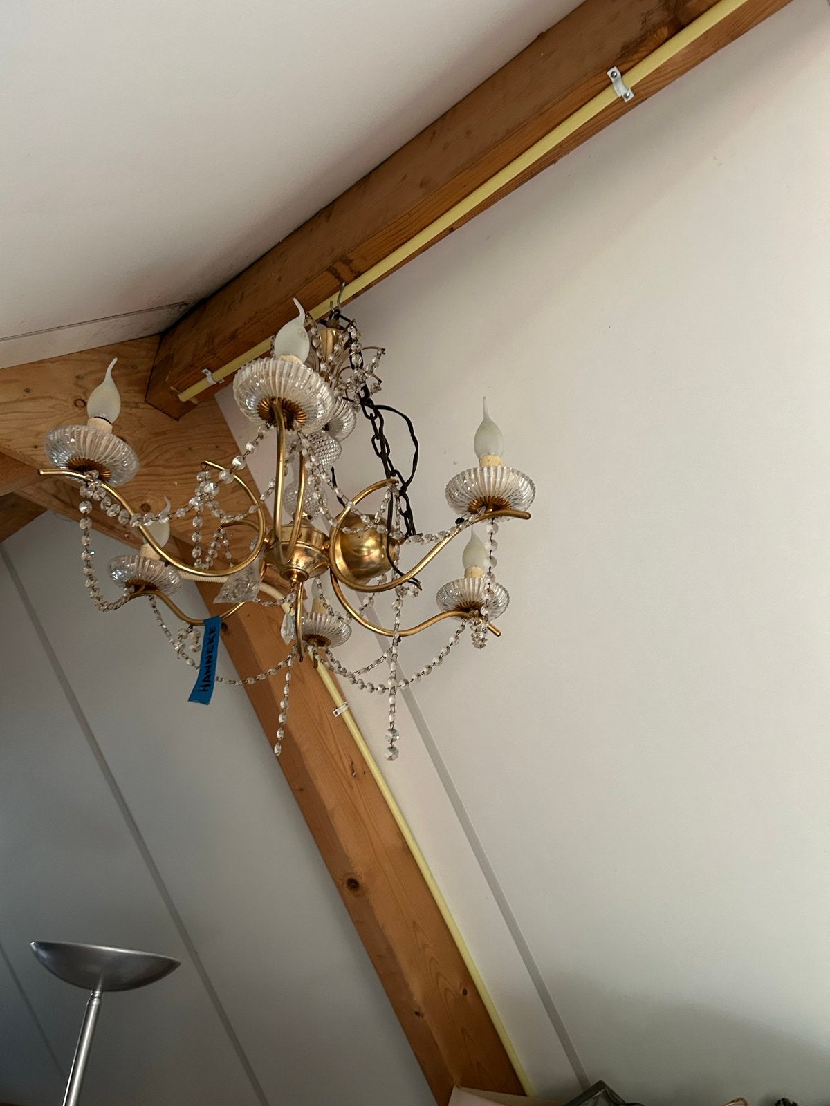 Gouden kroonluchter met kristallen en 5 luchtpunten, Ophalen, Gebruikt, Metaal, E14 (klein)