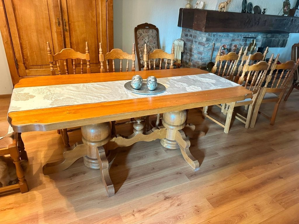 Mooie eiken tafel met 8 stoelen, Ophalen, 100 tot 150 cm, Eikenhout, 200 cm of meer