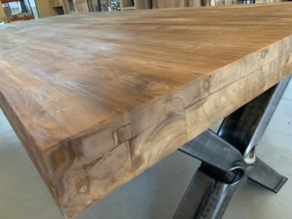 Eettafelblad 8 dik, geborsteld teak, stoer, tafel, 220-250cm, Ophalen, 100 tot 150 cm, Teakhout, Landelijk
