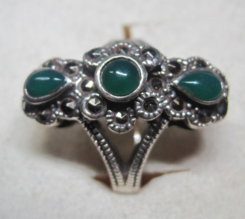 Vintage agaat marcasiet zilver 925 ring maat 15,5, Ophalen, Met edelsteen, Dame, Groen