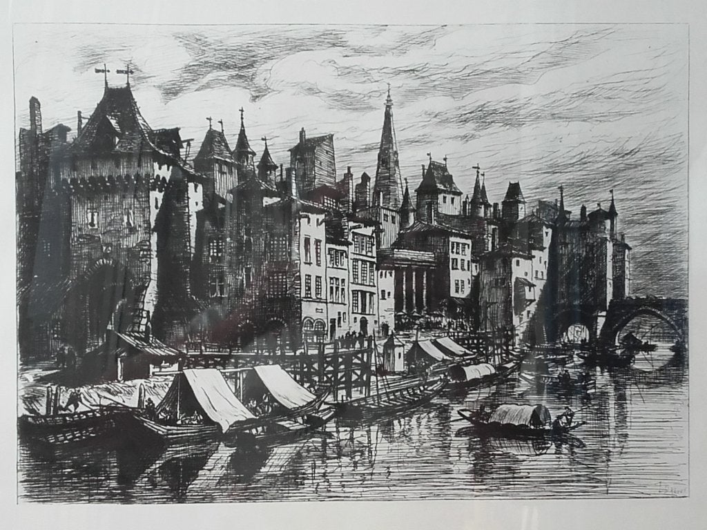 Mooie originele oude ingelijste litho door Drevet 61 cm., Met glas, Ophalen, Landschappen, Lithografie