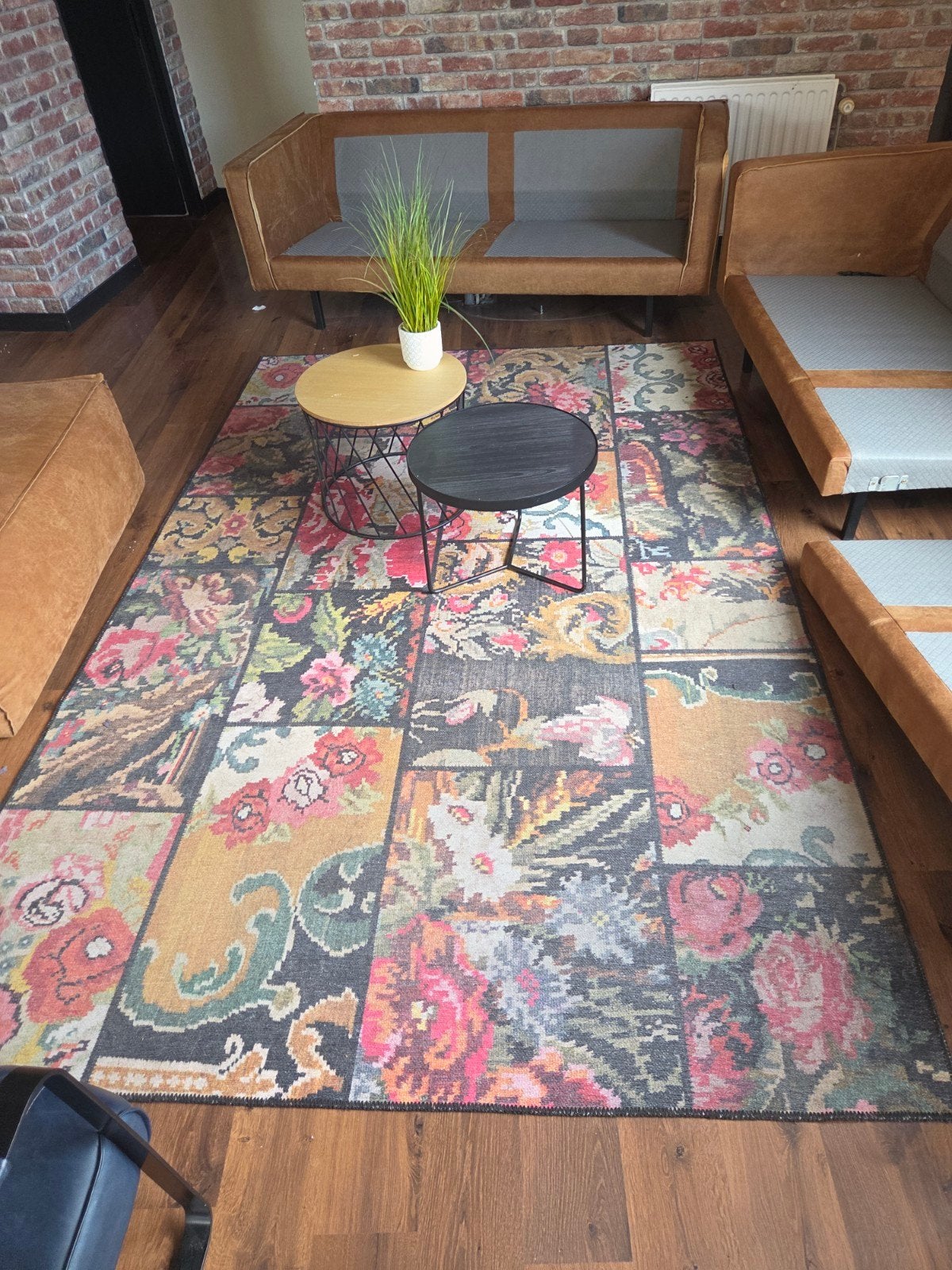 Vloerkleed met bloemenpatroon en patchwork design, Gebruikt, 100 tot 150 cm, Patchwork, Bloemen, Vintage, Groen