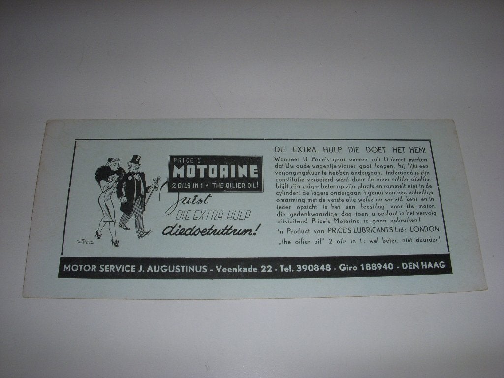 Vooroorlogs vloeiblad Price's Motorine Olie Den Haag, Ophalen of Verzenden, Gebruikt, Gebruiksvoorwerp