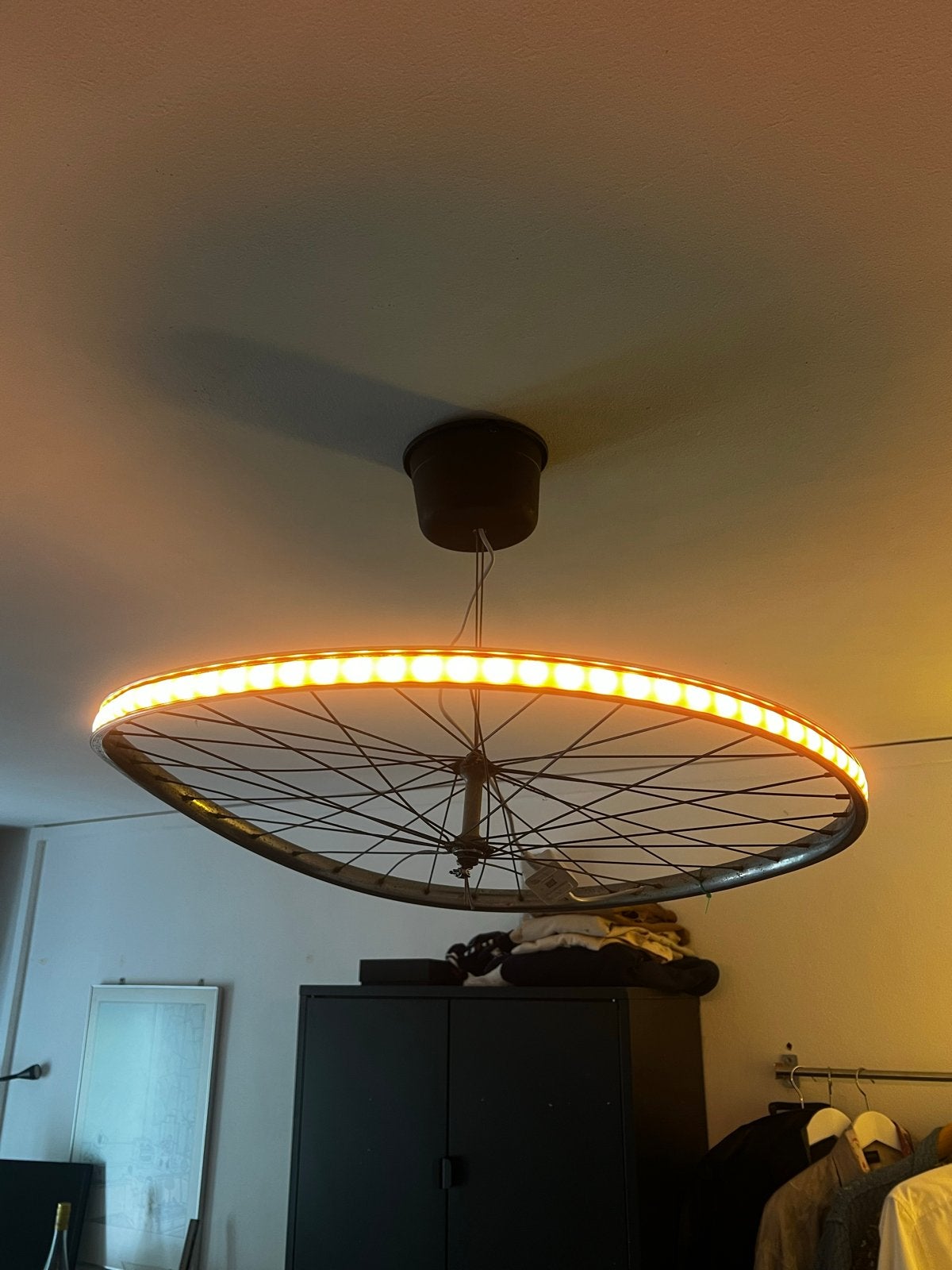 Unieke Fietswiel Plafondlamp, Huis en Inrichting, Lampen | Hanglampen, Ophalen of Verzenden, Gebruikt, Metaal