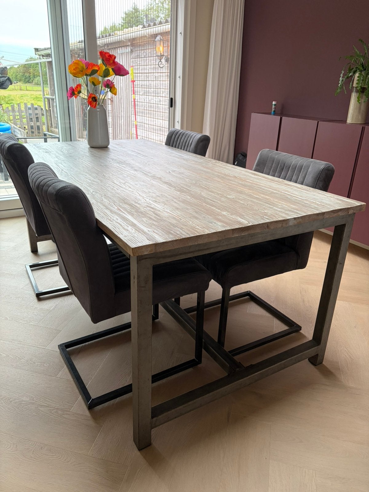 Industriële eettafel 200x100 cm – hout & staal – 6 personen, Ophalen, Gebruikt, Industrieel, 4 tot 6 stoelen