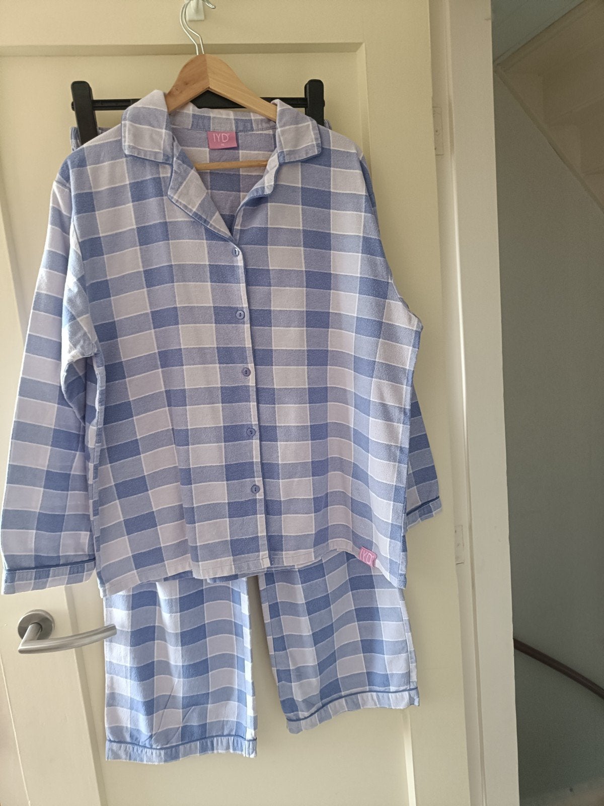 Zachte flanellen katoenen pyjama - blauw/wit geruit, IYD, Ophalen of Verzenden, Gedragen, Maat 46/48 (XL) of groter
