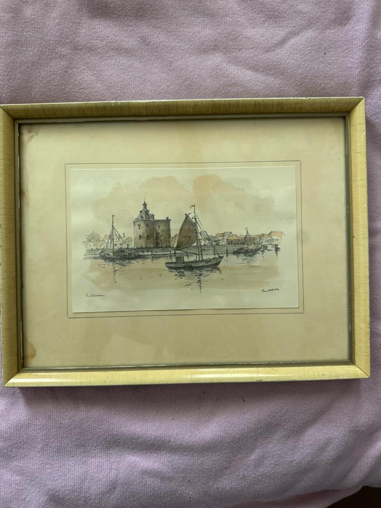 Vintage aquarel/tekening van havengezicht, gesigneerd, Ophalen