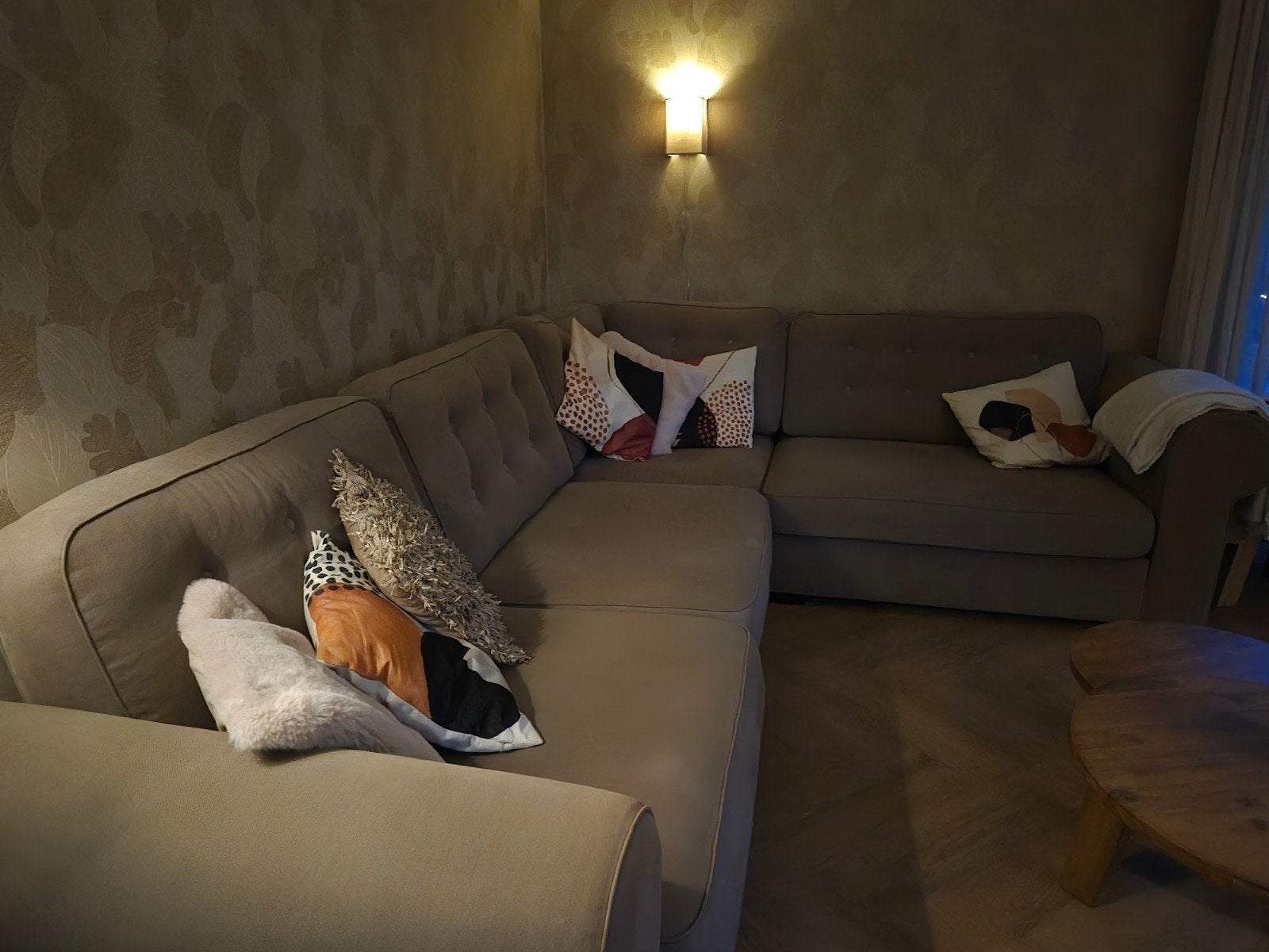 Taupe hoekbank 3,10x2,40, Ophalen, Gebruikt, Modern en comfortabel, 100 tot 125 cm