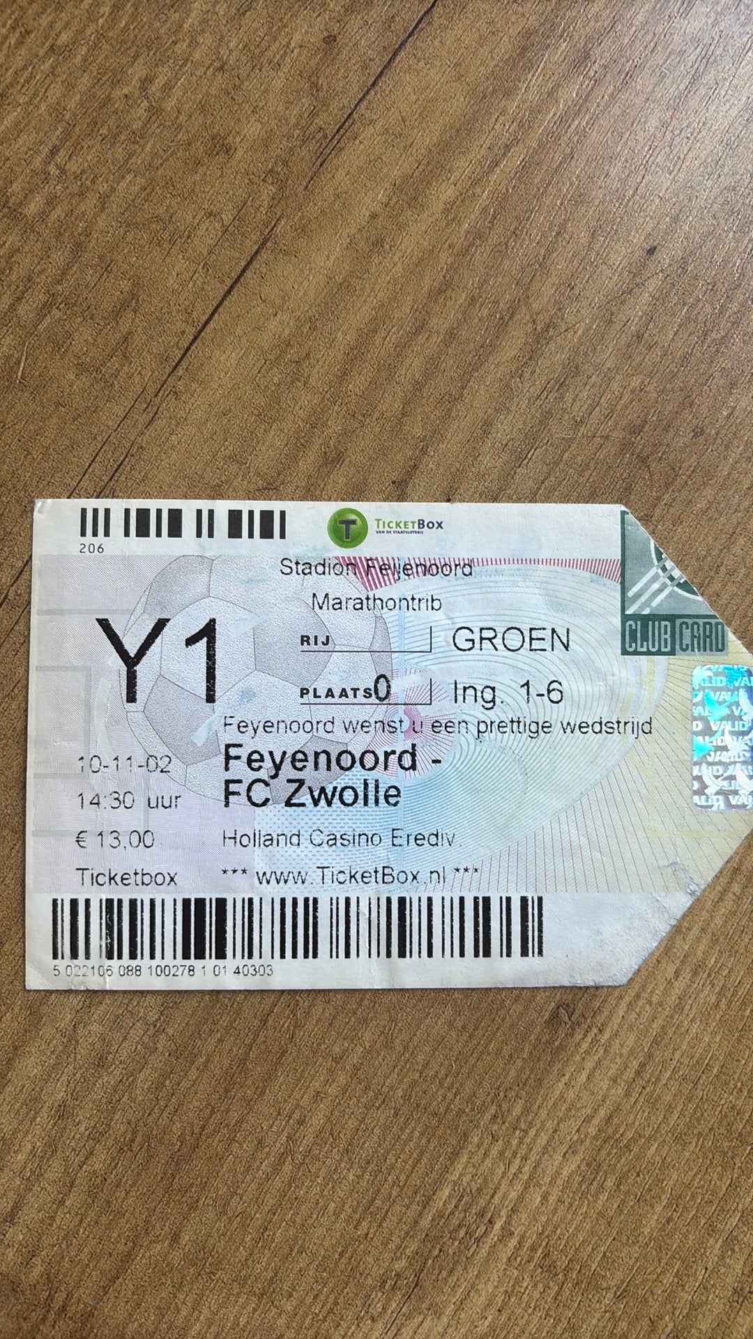 Oud stadionticket feyenoord fc zwolle 2002, Verzamelen, Ophalen of Verzenden, Zo goed als nieuw