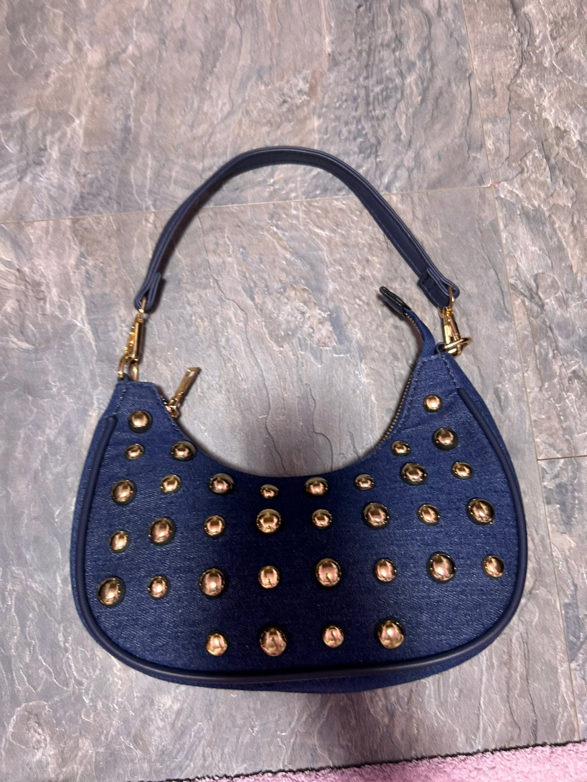 Donker blauwe tas met goude stippen, Ophalen, Zo goed als nieuw, Blauw, Handtas