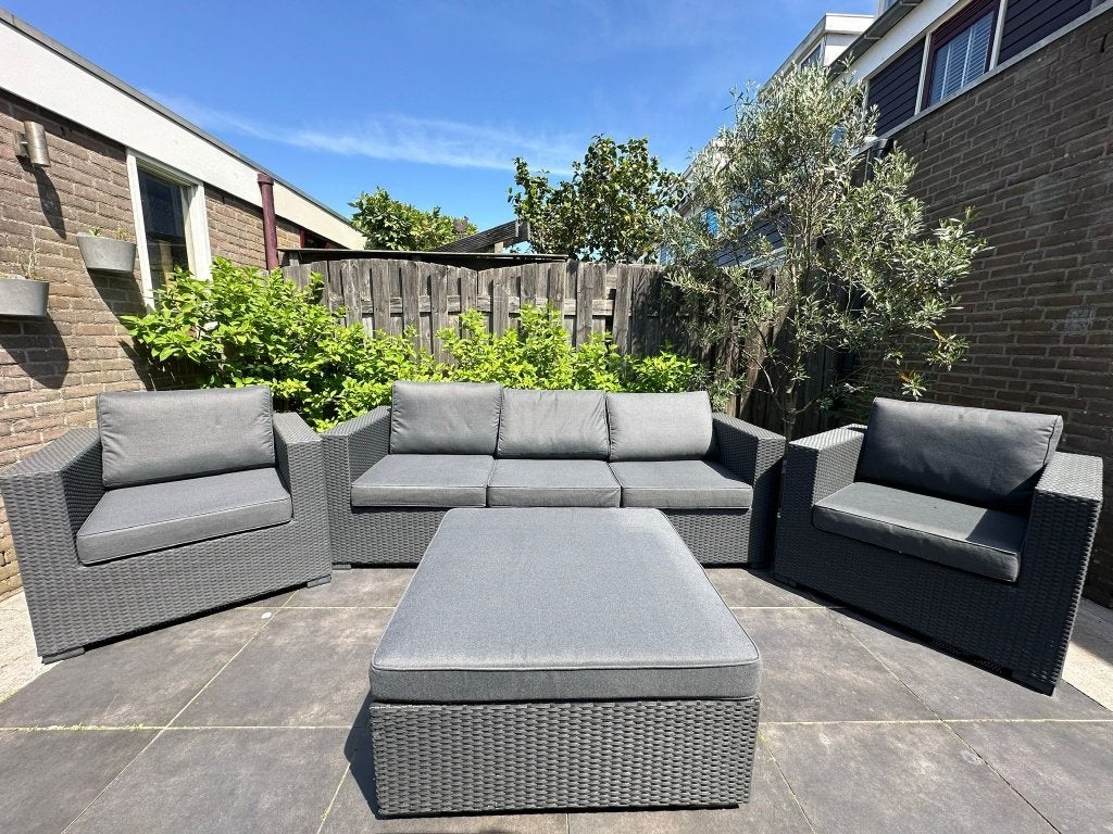 Forza loungeset 4-delig – wicker antraciet – incl. kussens, Ophalen, 5 zitplaatsen, Bank, Zo goed als nieuw