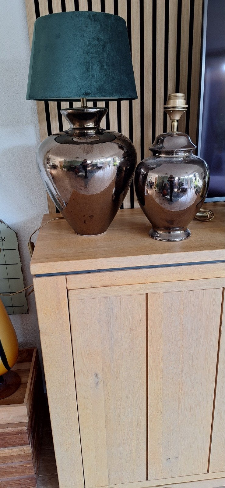 Set van 2 bronzen lampenvoeten met groene kap, Ophalen, Gebruikt, Steen/keramiek, Bruin