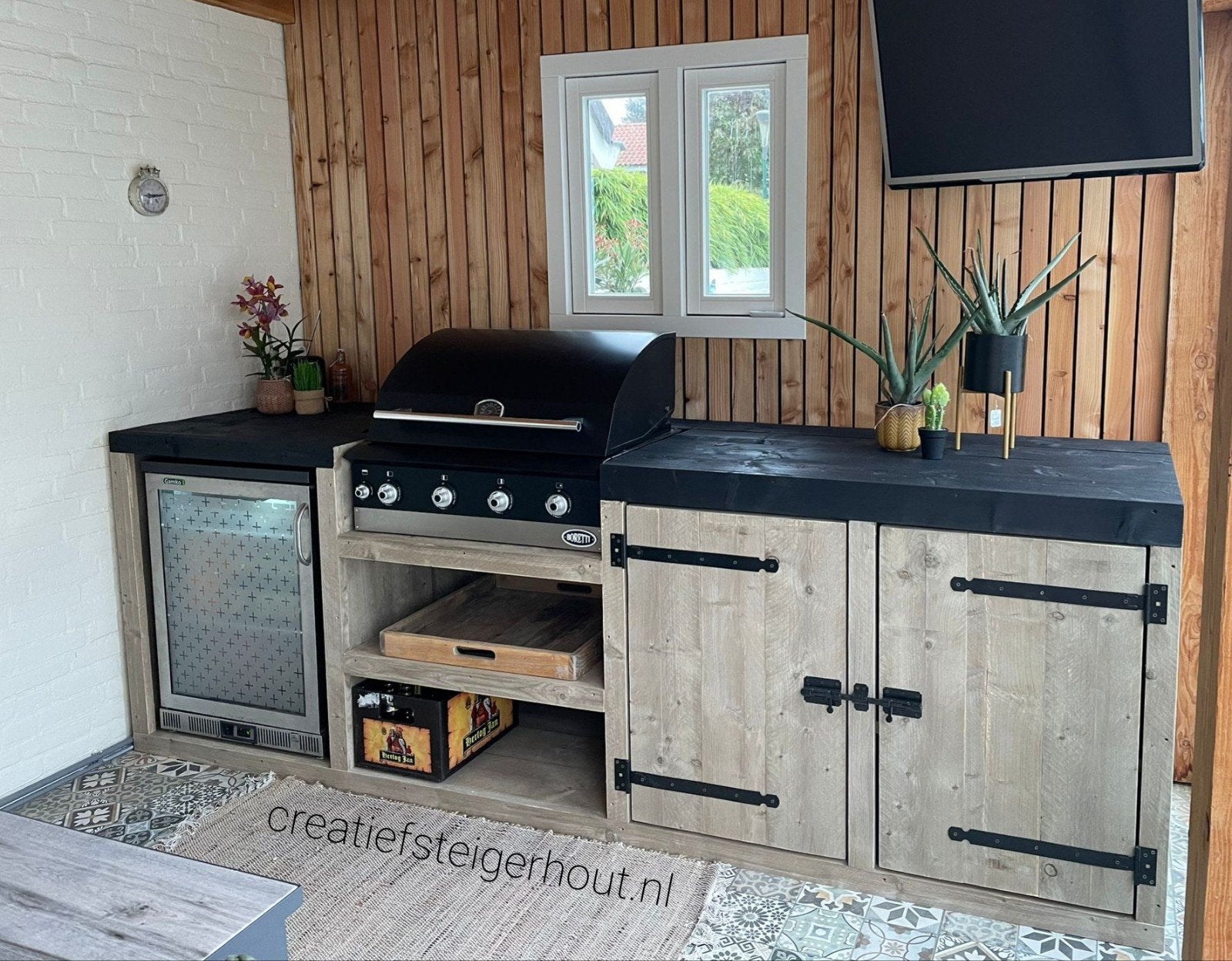 Houten buitenkeuken gas bbq koelkast mancave steigerhout, Verzenden, Nieuw, Houtskool, Inbouw