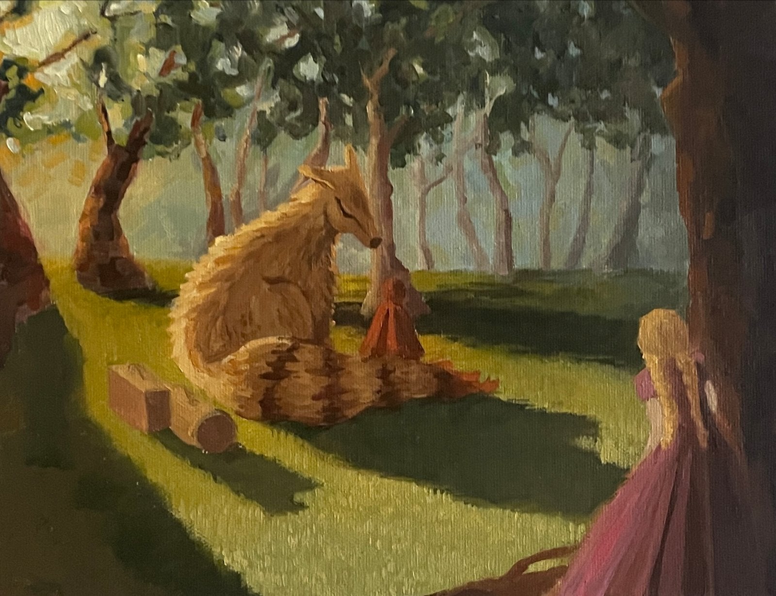 Schilderij: Meisje en vos in betoverd bos, Antiek en Kunst, Doek, Realistisch, Dieren, Ophalen of Verzenden