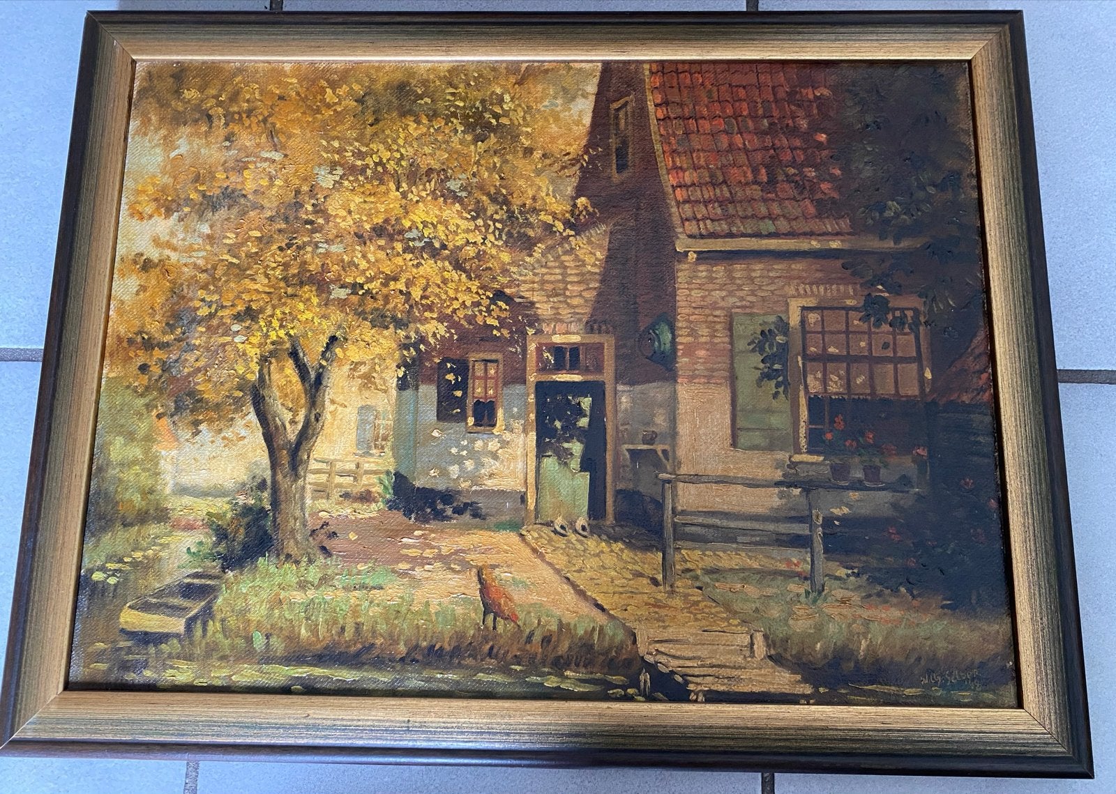 Olieverf schilderij met oud boerderijtje gesigneerd 1948, Doek, Realistisch, Ophalen of Verzenden, Gesigneerd