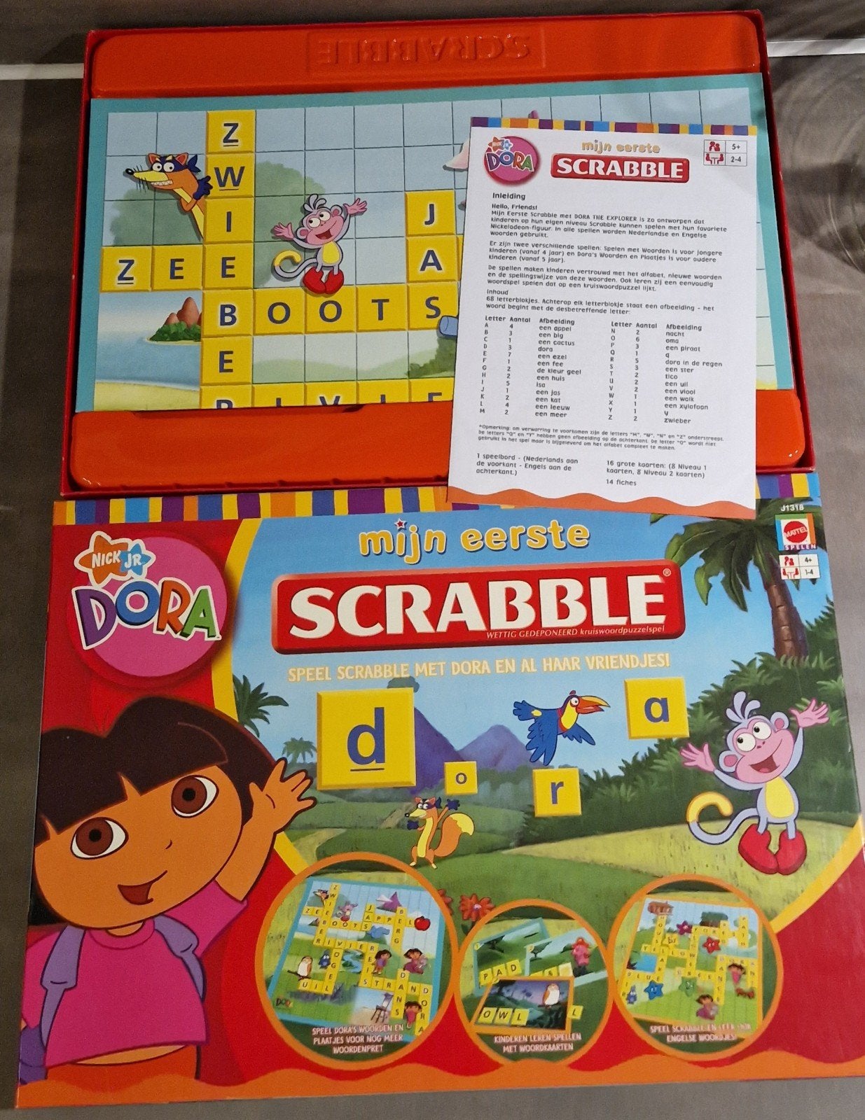 Zgan Mijn 1e scrabble spel met Dora NL + engelse woorden, 4+, Ophalen of Verzenden, Zo goed als nieuw, Mattel