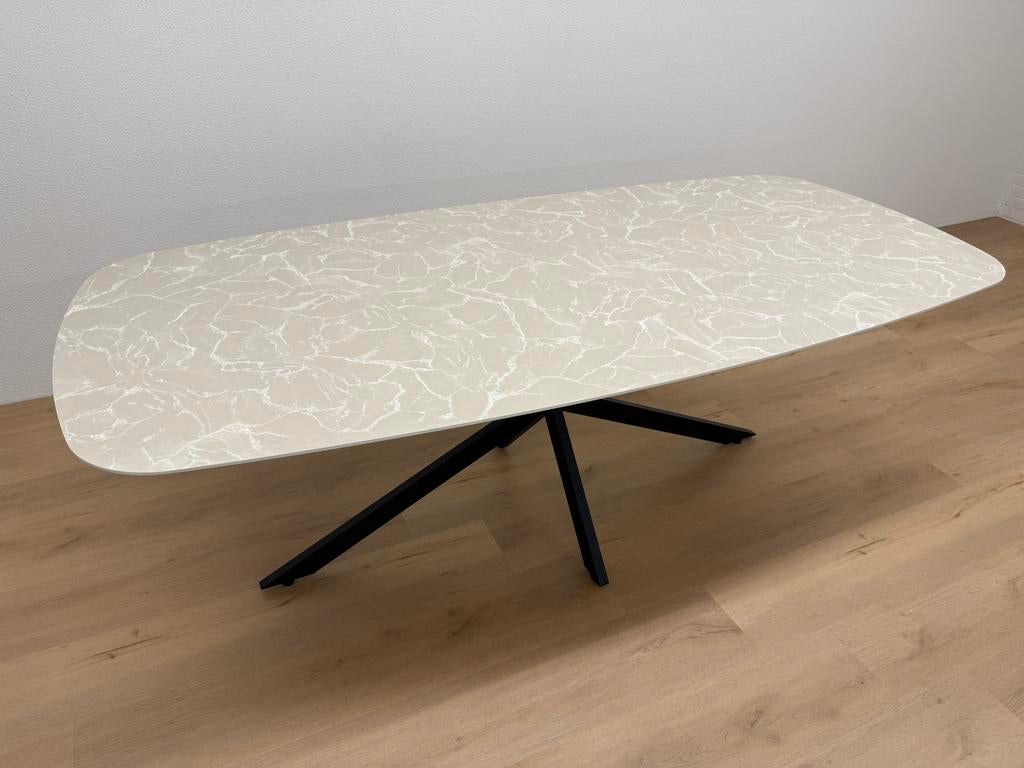 Deens ovale eettafel HPL 210x100 Marmer - Direct Leverbaar, 100 tot 150 cm, 200 cm of meer, Ophalen of Verzenden, Zo goed als nieuw