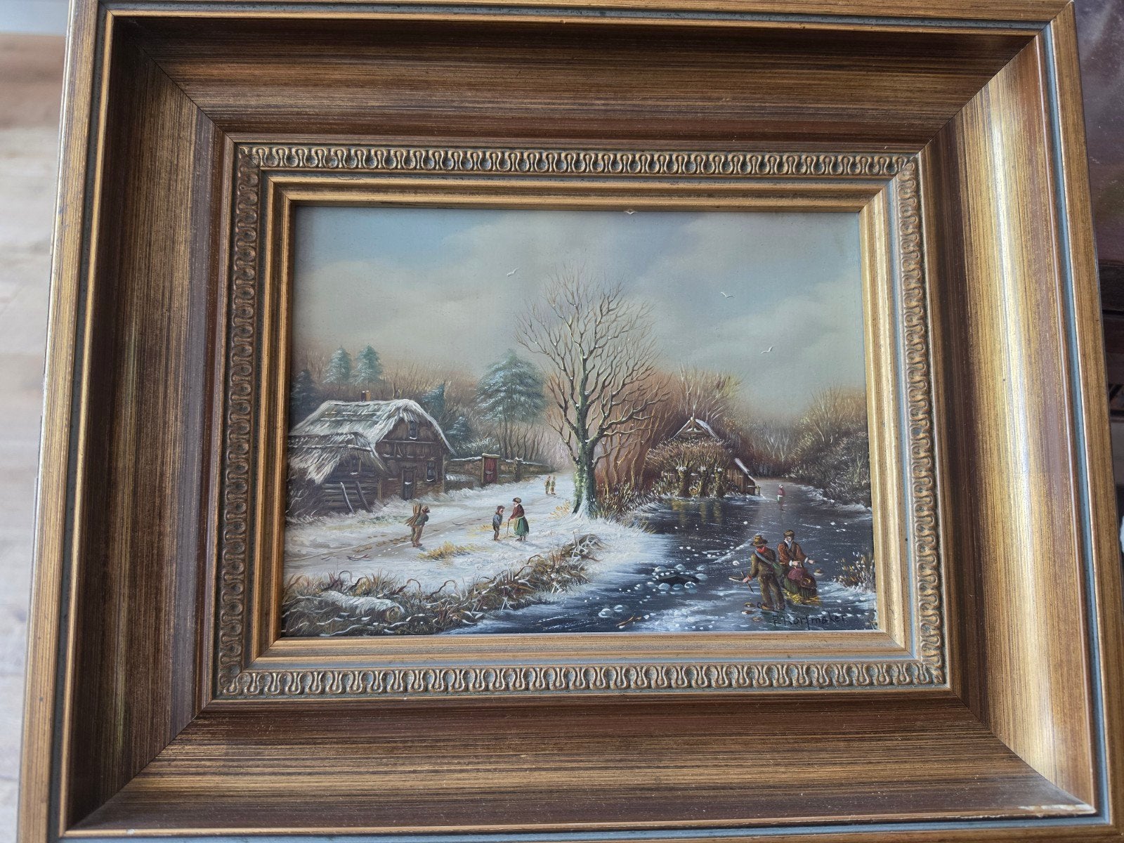 Schilderij Winterlandschap met Schaatsers - Gesigneerd, Antiek en Kunst, Paneel, Ophalen of Verzenden, Landschap, Klassiek