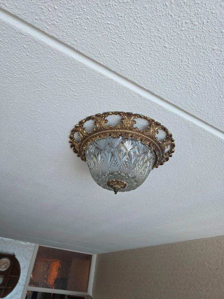 Vintage Plafonnière Messing & Geslepen Glas | Ø 35 cm, Ophalen of Verzenden, Zo goed als nieuw, Glas, Klassiek vintage retro barok Hollywood Regency