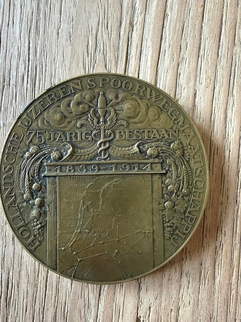 Penning 75-jarig bestaan Hollandsche IJzeren Spoorweg, Ophalen of Verzenden, Brons, Nederland