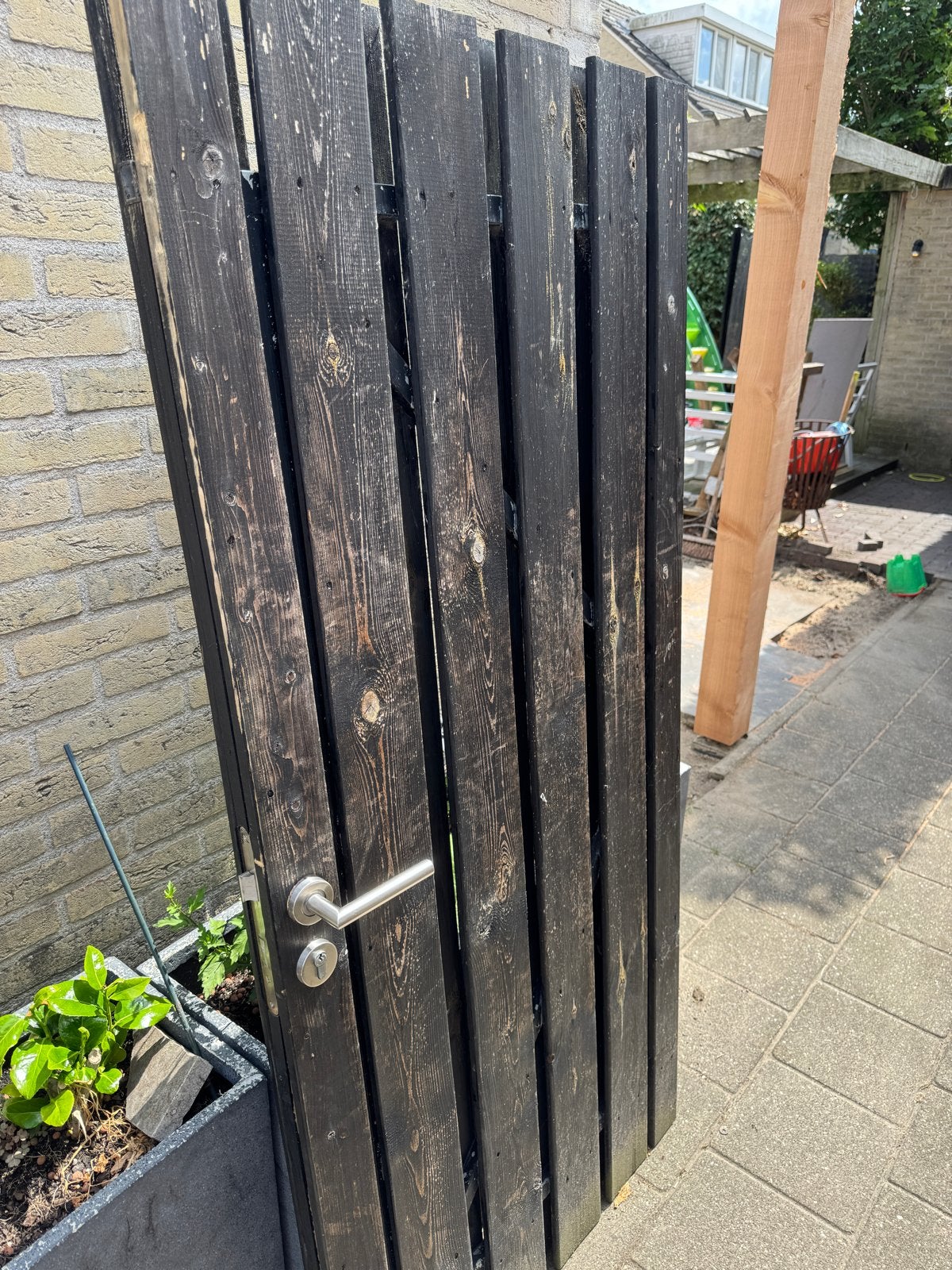 Zwart houten tuinpoort 180x90, Ophalen, Met poort, Gebruikt, Tuinhek