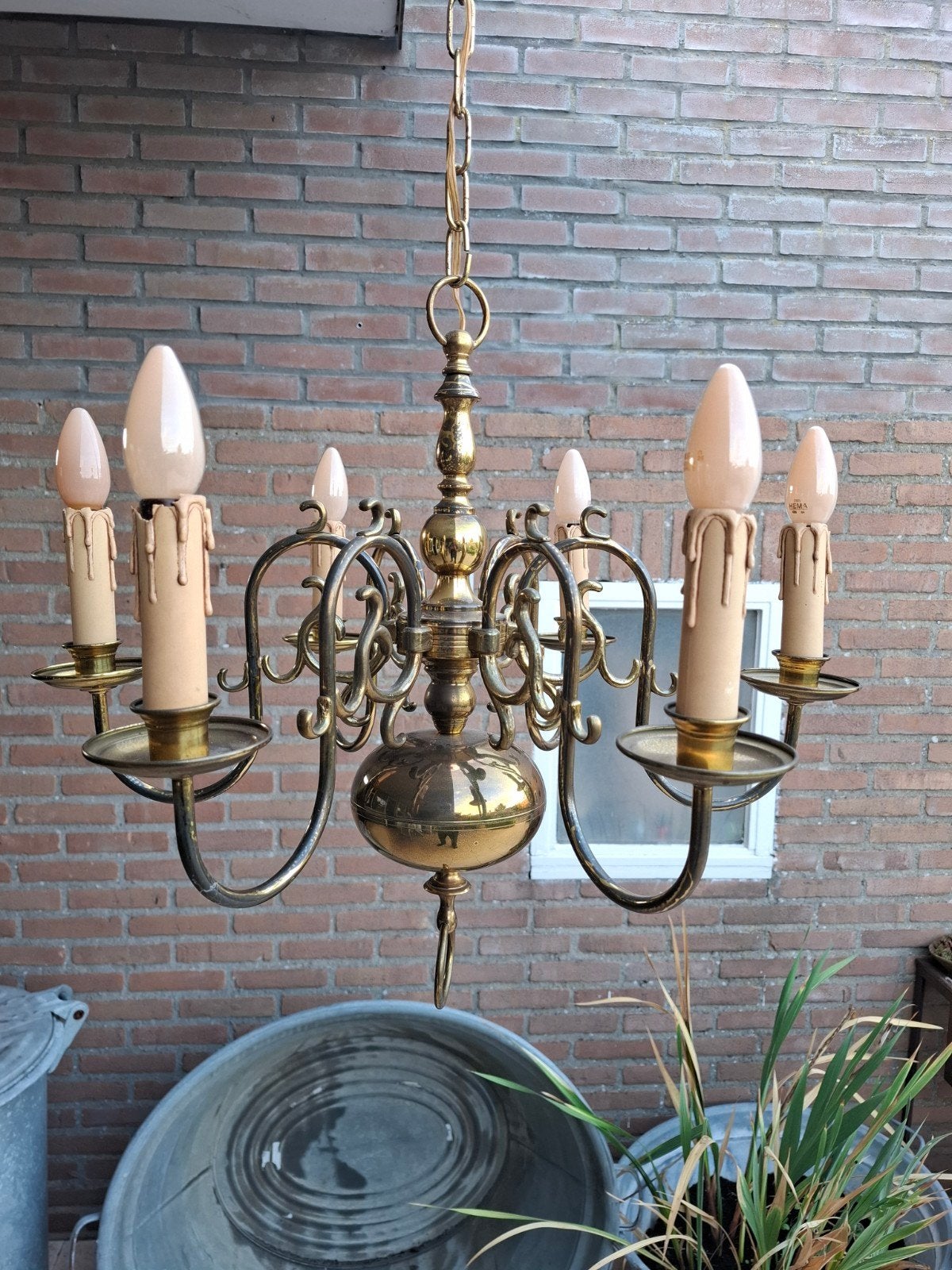 Vintage Messing Kroonluchter - 6-arms - Ø58cm H50cm, Ophalen, Gebruikt, E14 (klein), Klassiek, Vintage, Landelijk