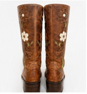 Vintage bruine leren laarzen met bloemen - Maat 40, Kleding | Dames, Schoenen, Bruin, Ophalen of Verzenden, Zo goed als nieuw