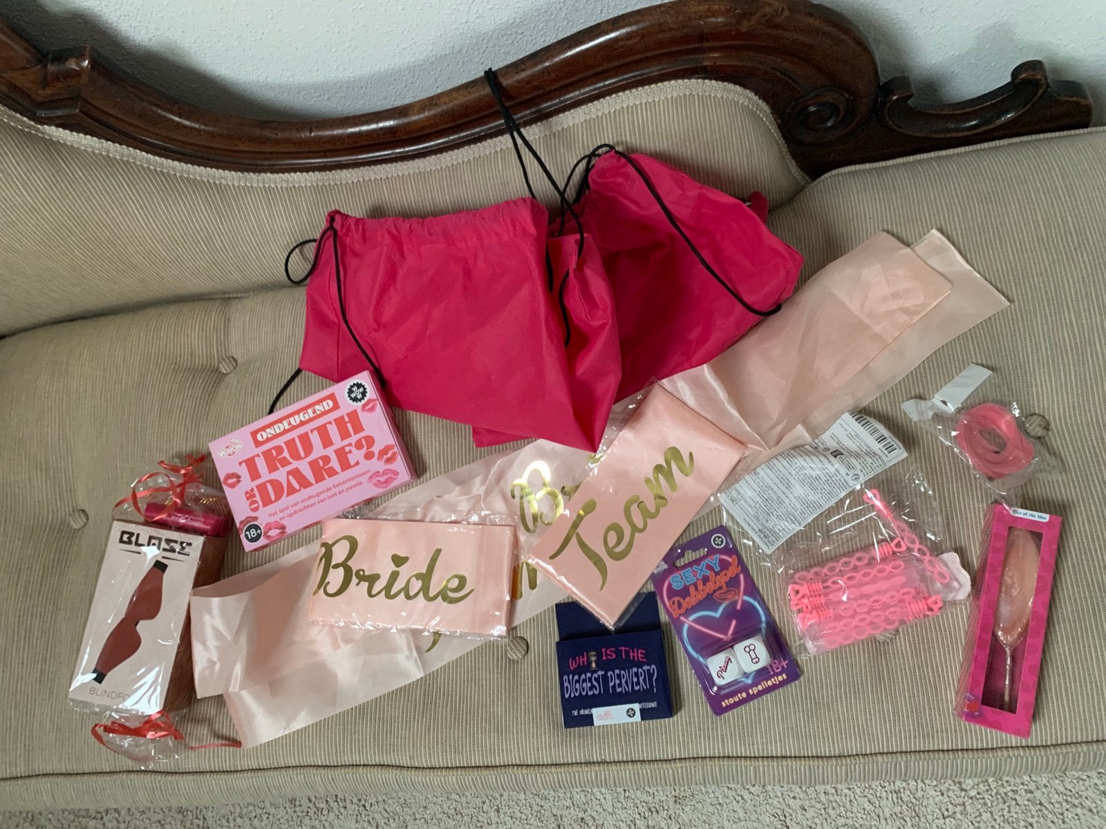 Bachelorette / bride to be / vrijgezellenfeest pretpakket, Ophalen of Verzenden, Zo goed als nieuw, Geboorte of Huwelijk