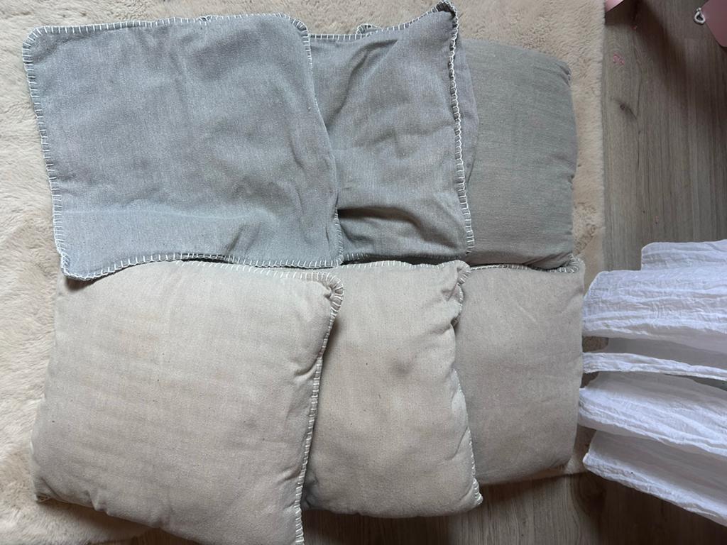 Set van 6 decoratieve kussens in grijs en beige, Tuin en Terras, Werkkleding, Ophalen of Verzenden, Gebruikt