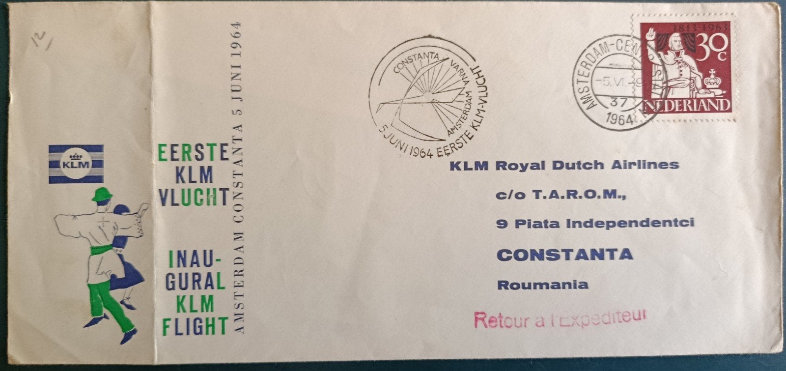 Eerste vlucht envelop KLM - 1964, Verzenden, Envelop
