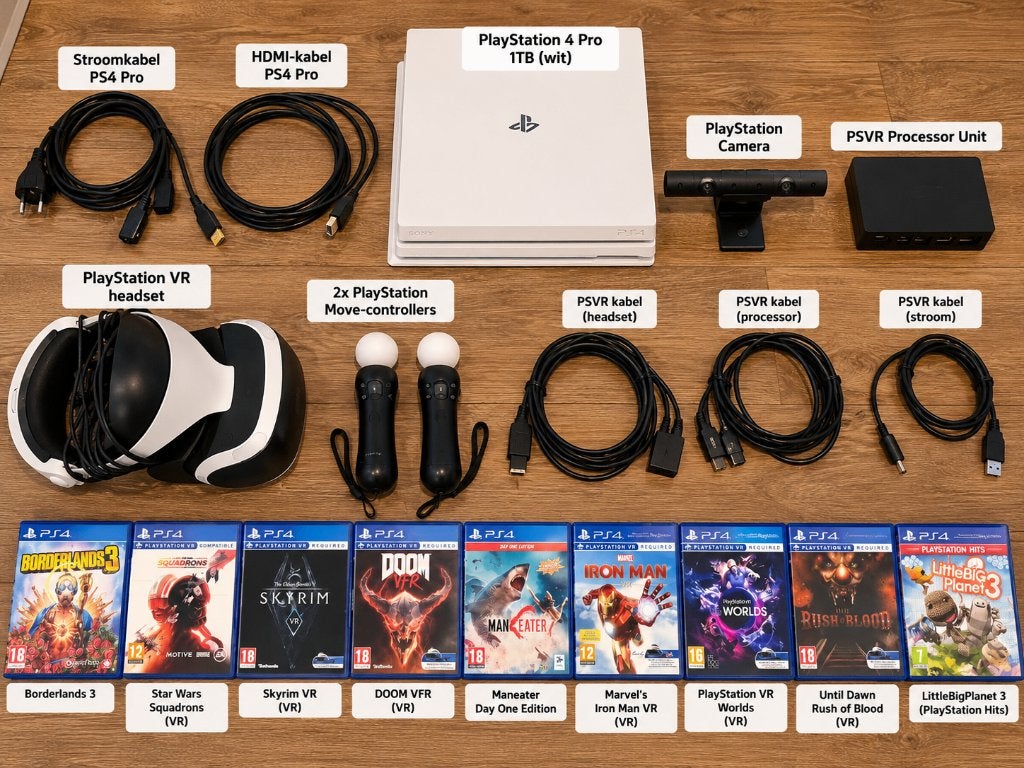 PS4 Pro 1TB Wit + Complete PSVR Set + 2 Move + 9 Games