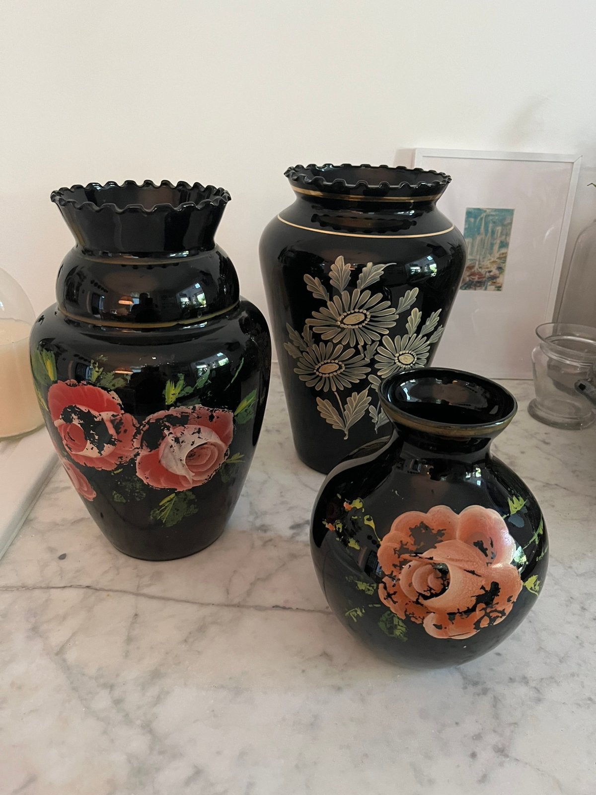ANTIEKE COLLECTIE VAZEN BOOMS GLAS ZWART MOTIEF BLOEMEN, Antiek en Kunst, Ophalen of Verzenden