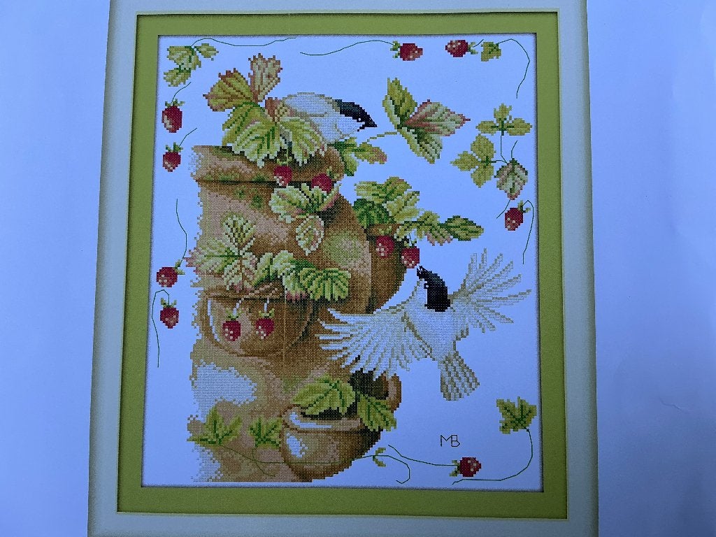 Borduurpakket vogels en aardbeien, Verzenden, Nieuw, Handborduren, Borduurpakket