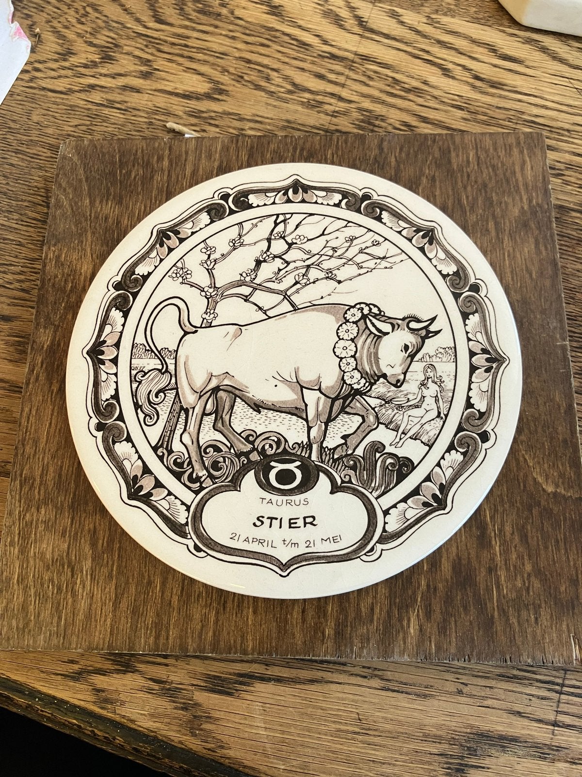 Vintage Tegel Stier Sterrenbeeld op Houten Plaat, Ophalen of Verzenden