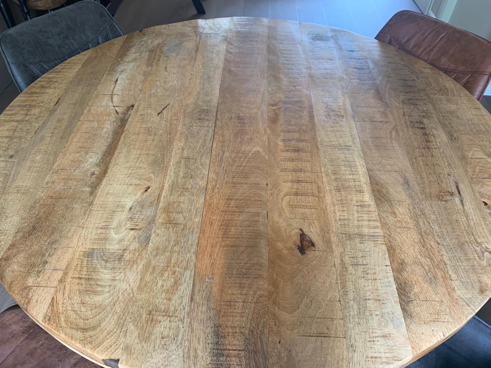 Ronde eettafel van mangohout met 4 stoelen, Ophalen, Gebruikt, 100 tot 150 cm, Rond