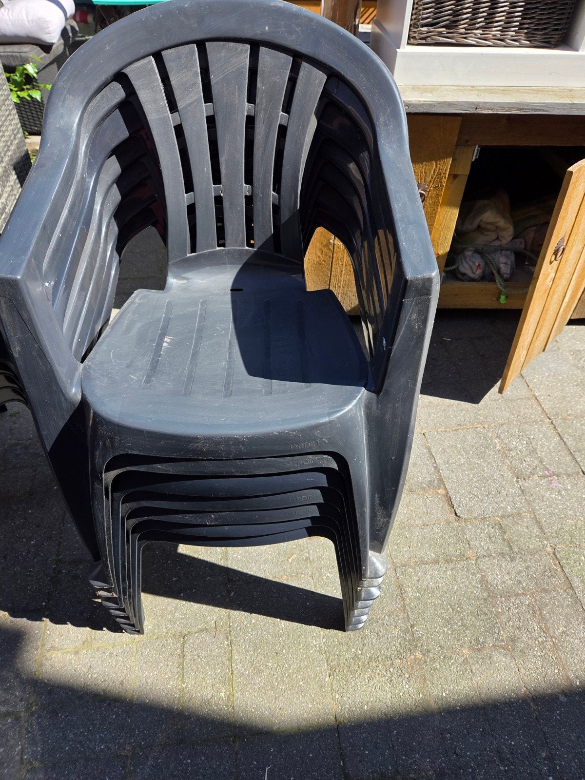 Plastic blauwe tuinstoelen, Ophalen, Gebruikt, Plastic, Stapelbaar