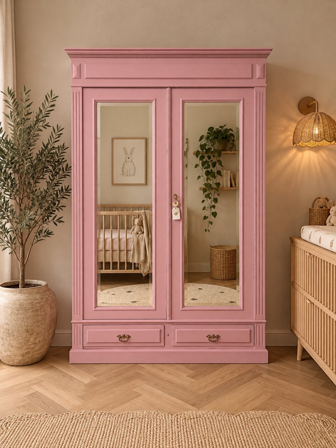 Antieke linnenkast kledingkast spiegelkast roze babykamer, Ophalen, 105 cm of meer, Zo goed als nieuw, Nvt