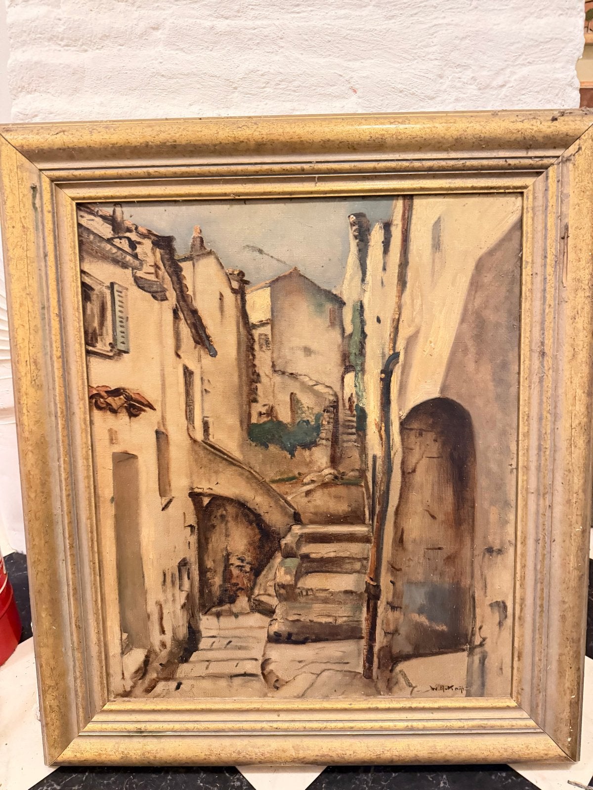 Schilder W.Knip (1883-1967) Stadsgezicht met trappen, Antiek en Kunst, Doek, Oud hollands, Ophalen of Verzenden, Olieverf