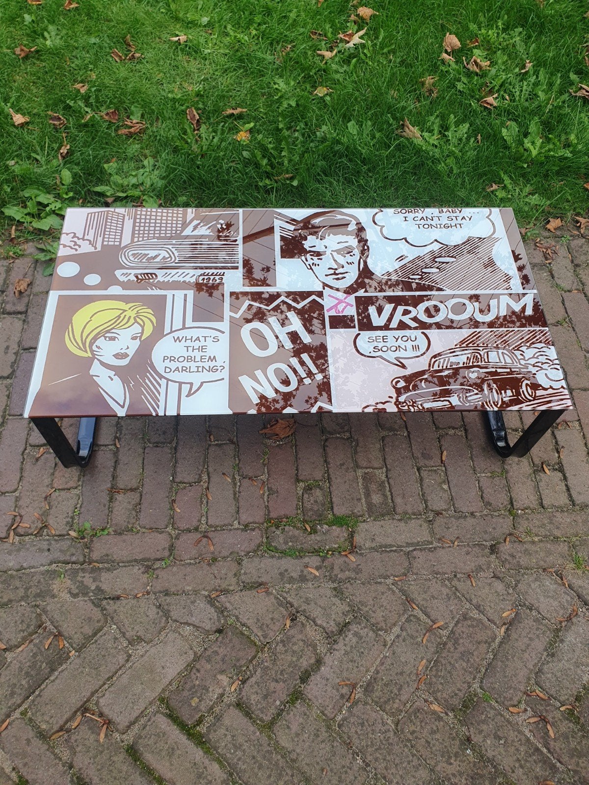 Pop Art glazen salontafel comic VROOM retro design, Ophalen, 100 tot 150 cm, ., 50 tot 100 cm