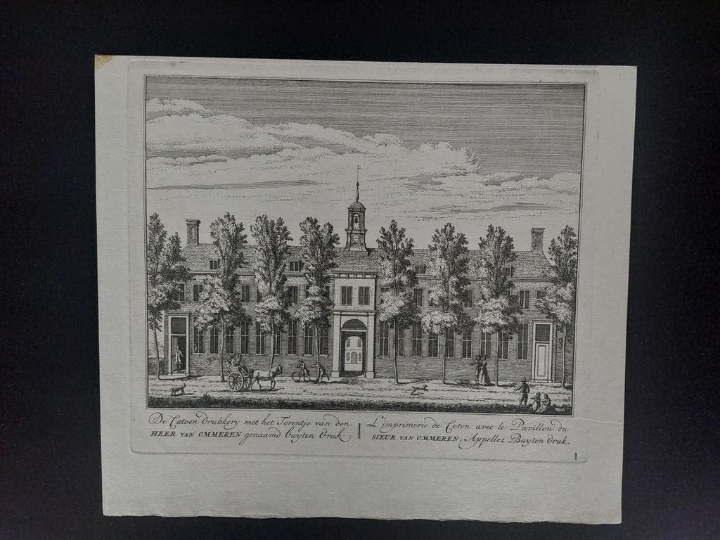 1 Catoen drukkery Schinkelhavenstraat Amsterdam gravure 1730, Stadsgezicht, Ophalen of Verzenden, 15 cm, 20 cm