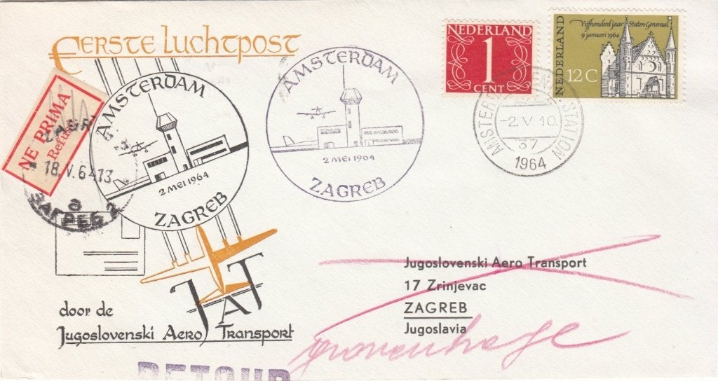 Nederland cover Eerste Luchtpost naar Zagreb en geweigerd, Ophalen of Verzenden, Envelop