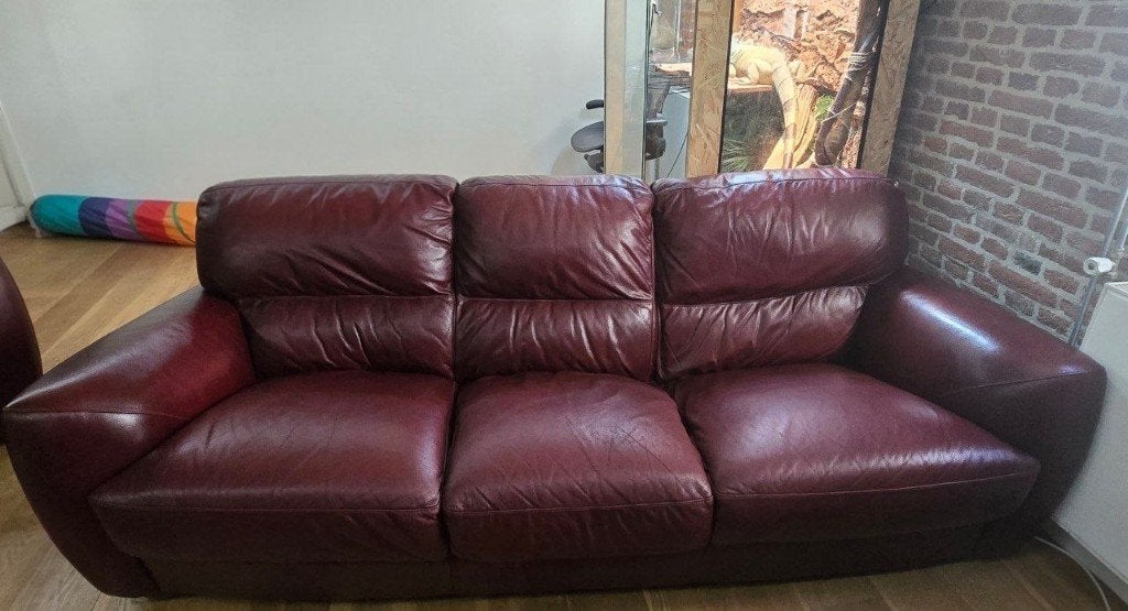 Bordeauxrode leren 3-zits bank Burgundy genuine leather sofa, Ophalen, Gebruikt, Tweepersoons, Rechte bank