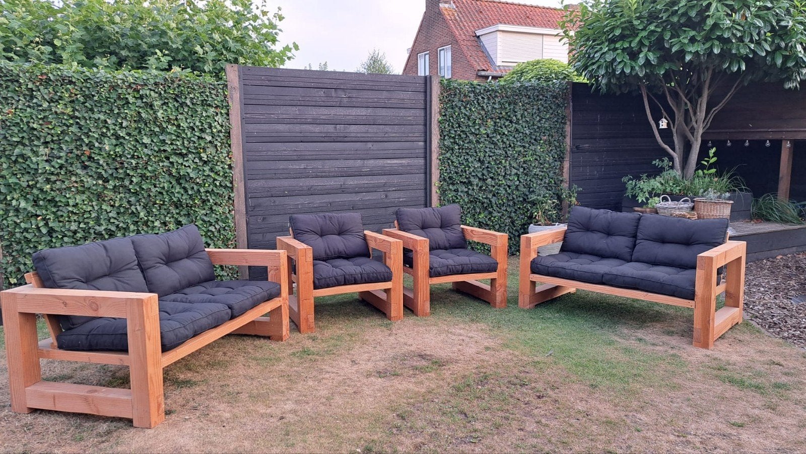 Robuust Douglas Houten Loungeset - Met Zwarte Kussens, Tuin en Terras, Tuinsets en Loungesets, 6 zitplaatsen, Ophalen of Verzenden