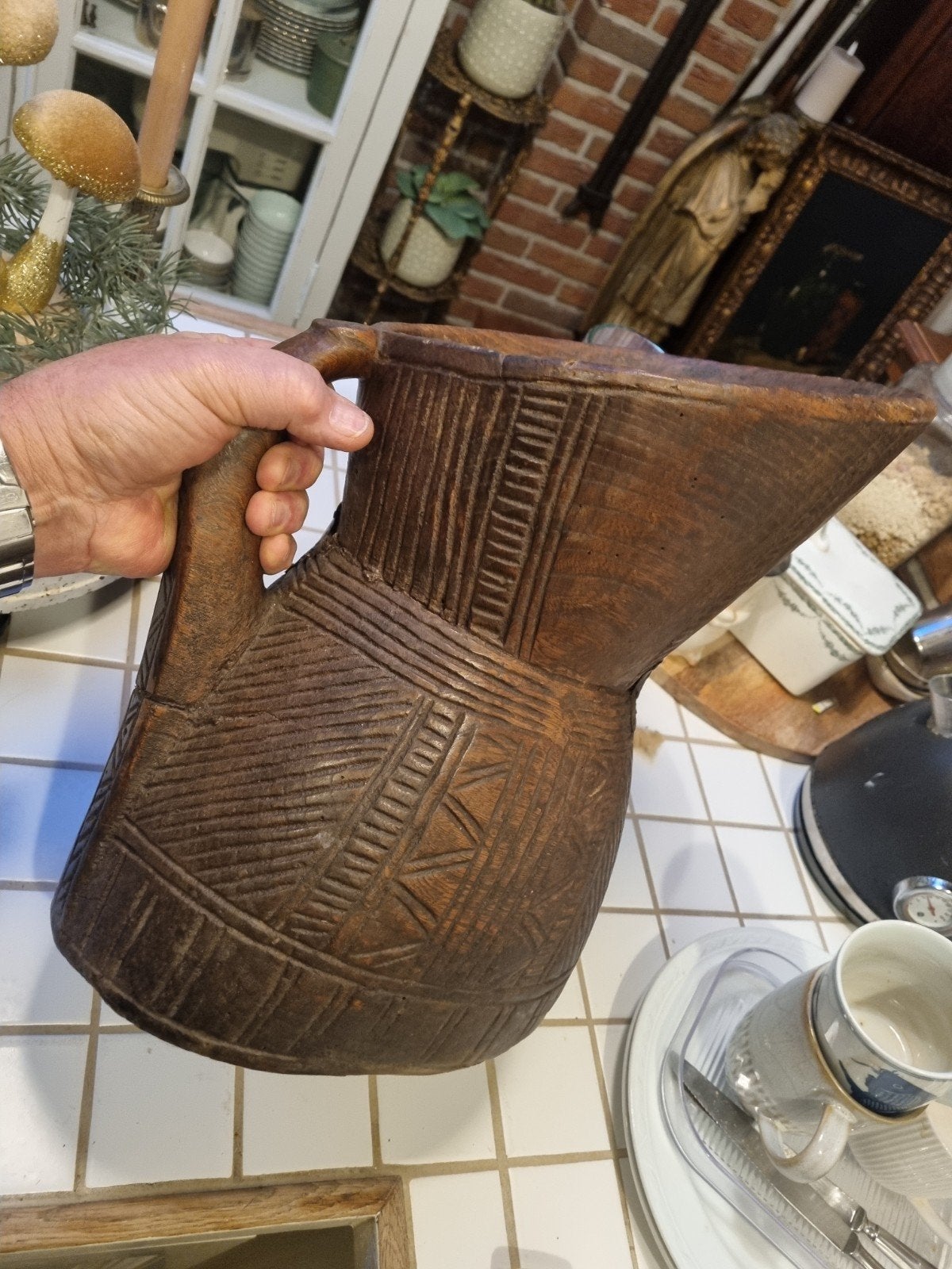tribal schenkkan 38 cm hoog , Kuba Congo, Antiek en Kunst, Hout, Bruin, Afrika, Handgemaakt
